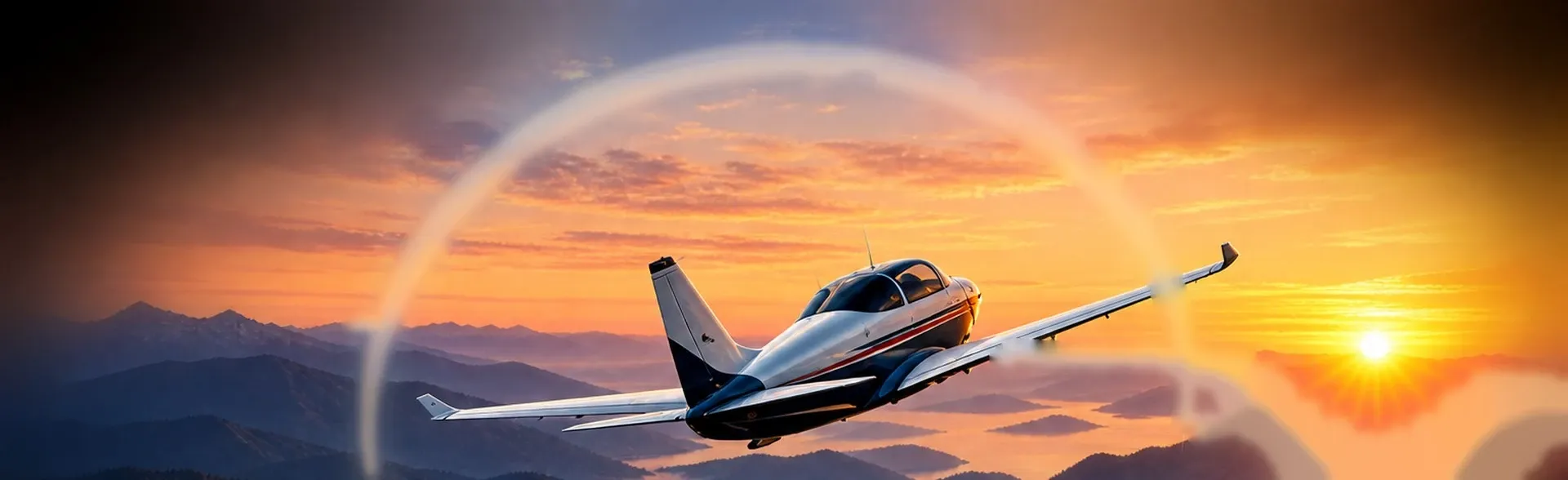 A low-wing plane flying over misty mountains at sunset